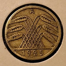 1925 A GERMANY (WEIMAR REPUBLIC) ~ 5 Reichspfennig ~ AU ~ Great German Coin 