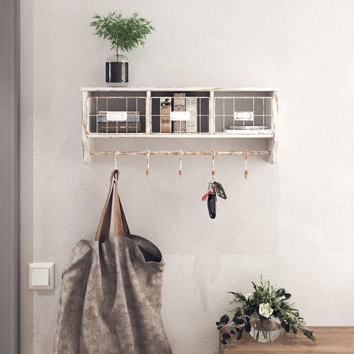 Wall Mounted Shelf with Coat Hooks and Baskets, Solid Wood Entryway Organizer...