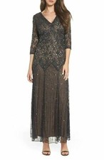 Pisarro Nights Beaded Mesh Gown Petite Sz 8P Charcoal