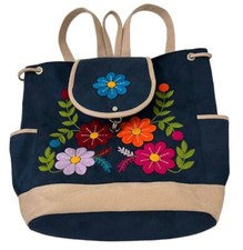 Peruvian Handmade Backpacks Blue w/ floral designed embroidered resistance tear