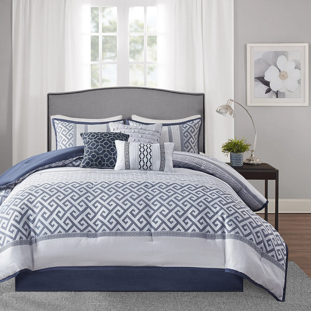 NEW ELEGANT CHIC GREY SILVER NAVY BLUE GEOMETRIC CONTEMPORARY COMFORTER SET