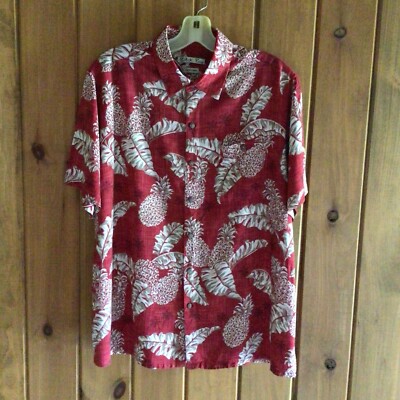 Batik Bay SS Button Down Red Hawaiian Pineapple Leaf Print Shirt Size L