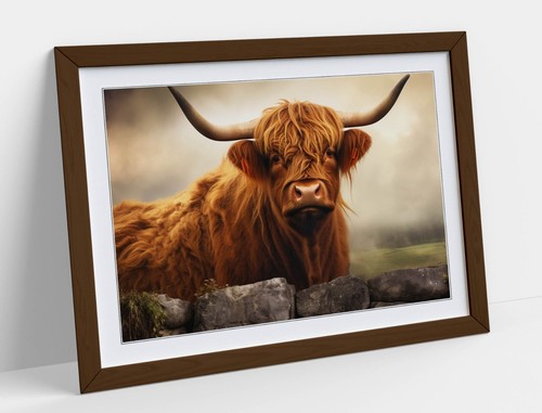 HIGHLAND COW BEHIND WALL, AUTUMN LANDSCAPE -FRAMED WALL ART POSTER PAPER PRINT - Picture 8 of 10