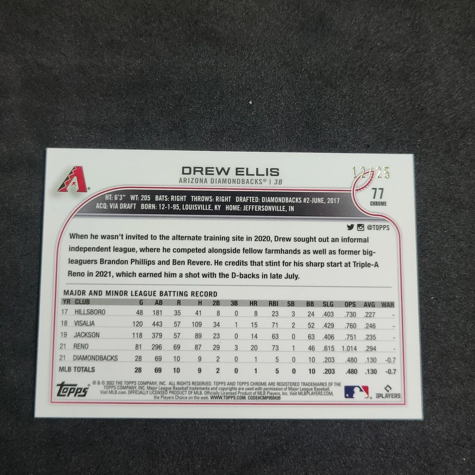 2022 Topps Chrome Sonic Drew Ellis Orange Refractor #12/25 #77 Diamondbacks  - Image 2 of 2