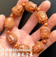 Natural Peach Wood Carved Sakyamuni Buddha Head Bracelet Handcraft Hand Chain