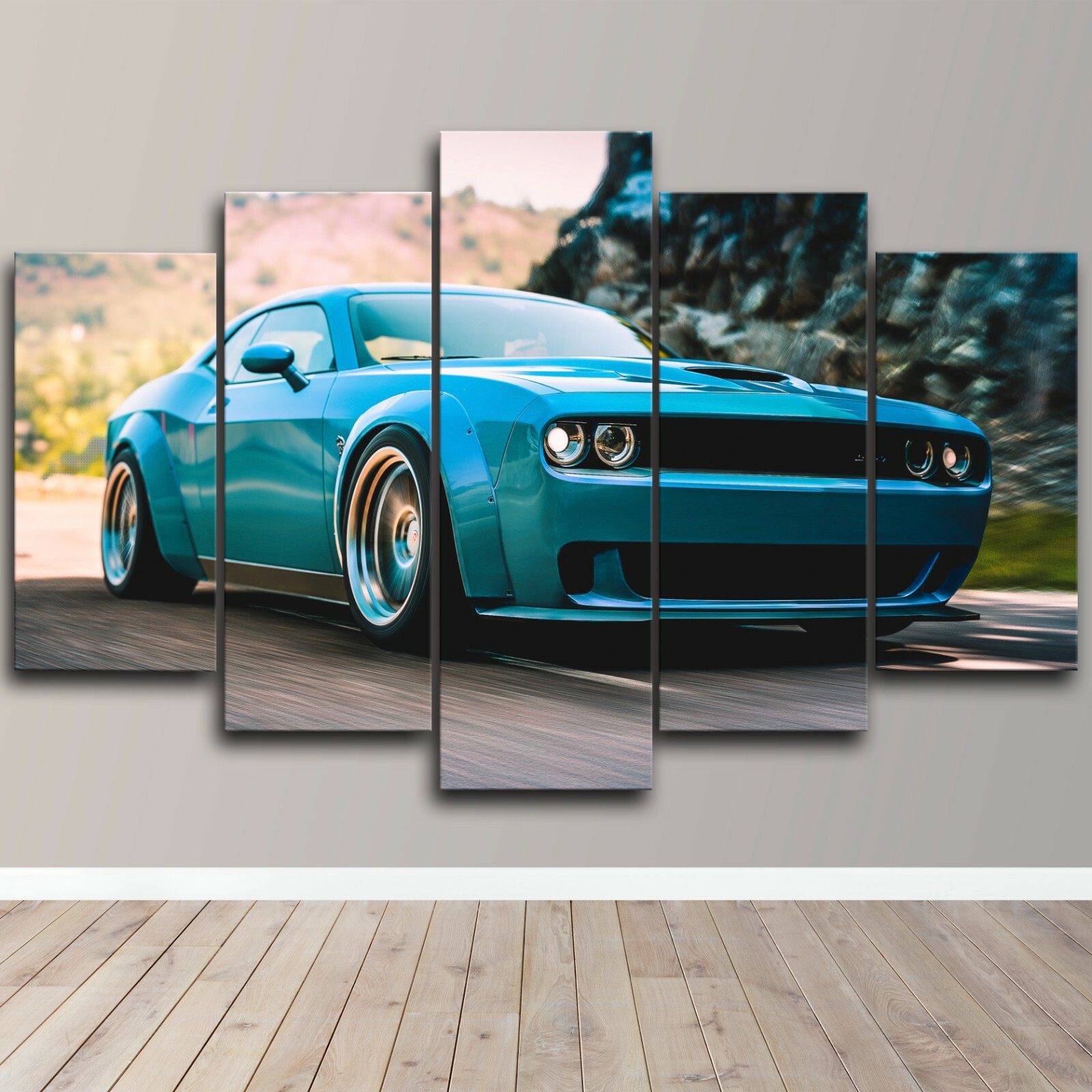 Dodge Challenger Sky Blue Modern Car 5 Piece Canvas Wall Art Print Home Decor