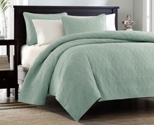 GREEN MATELASSE 3pc Queen QUILT SET : COTTON FILL QUILT SEAFOAM COVERLET COTTAGE