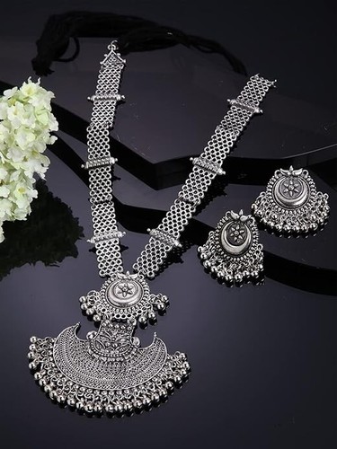 AFGHANI OXIDISED SILVER TONE BOLLYWOOD STYLE LONG NECKLACE SET WOMEN JEWELRY - Picture 6 of 6
