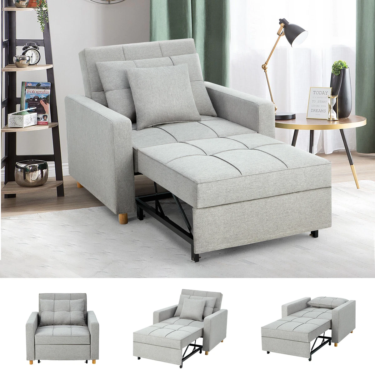 Sofa Beds Chair 3 in 1, Convertible Chair Single Bed, Grey