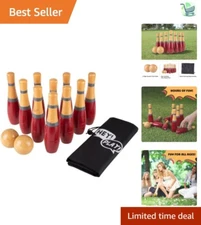 Durable Wooden Lawn Bowling Set for Kids & Adults - 10 Pins, 2 Balls, Carry Bag
