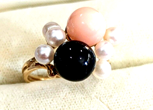 Solid 14K Gold Coral, Onyx & Pearl Ring 4.3 Grams Size 6 ~100s MORE IN MY STORE~ - Picture 2 of 9