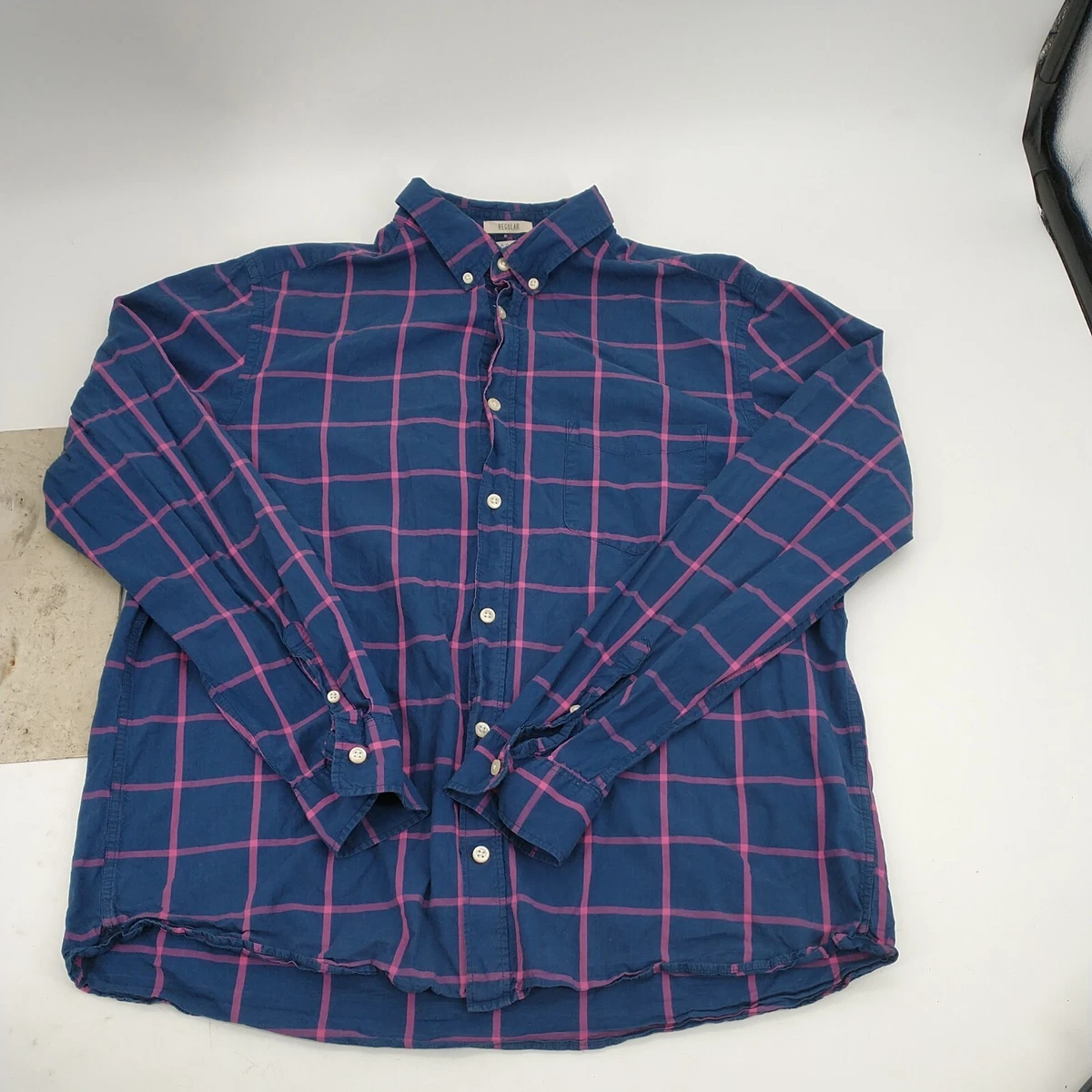 H M L.O.G.G. Label of Graded Goods Button Front Shirt BLUE Pink Plaid