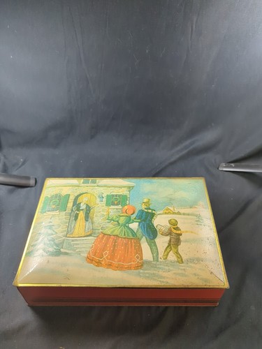 Vintage 1920 French Nabisco Cookie Box Rustic Tin Christmas Snow Tree Scene Rare