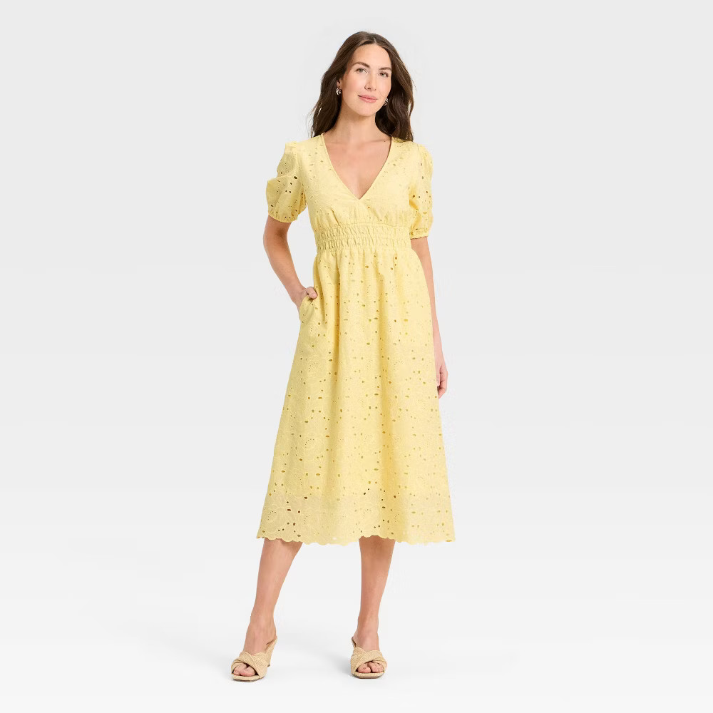 sachin and babi light blue dress Women's Puff Elbow Sleeve Eyelet Midi Empire Waist Dress - A New