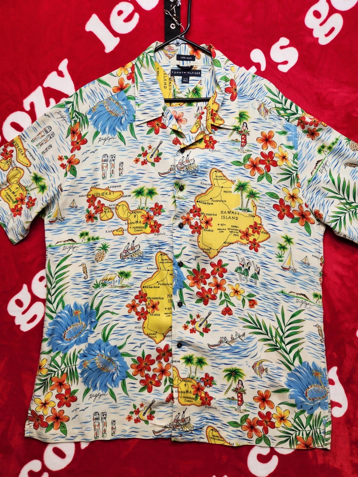 Tommy Hilfiger Hawaiian Shirt Mens XL Rayon Island Map Floral Aloha Button Up