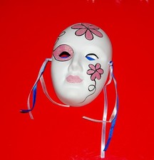 Masquerade Porcelain Ceramic Multi Color Face Mask Wall Hanging Glitter Ribbons