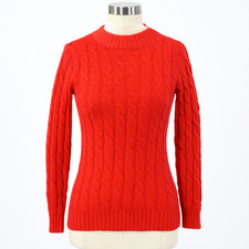 70s Vintage Bright Red Wool Chain Twist Sweater Womens XS Minimalist Cable Knit