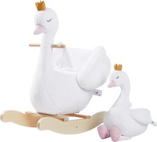 Kids Rocking Horse White Swan with Little Plush Doll Toys, Stuffed Animal Woode