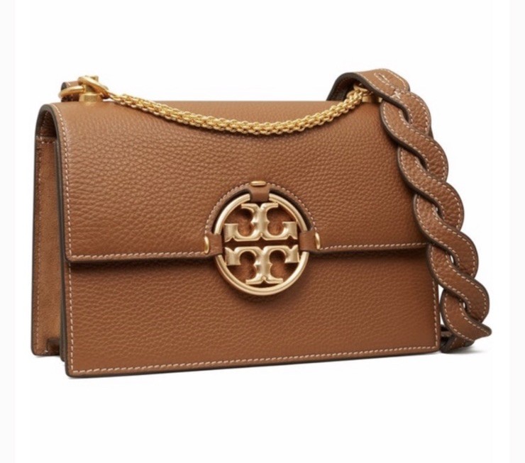 Tory Burch Miller In Brown/tan Pebbled Leather Shoulder Flap Bag