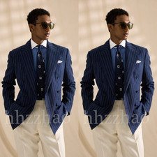 Navy Blue Striped Men's Suits Peak Lapel Double Breasted Wedding Groom Tuxedos