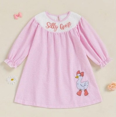 Silly Goose Girls Pink Gingham Long Sleeve Dress With Embroidered Goose & Ruffle