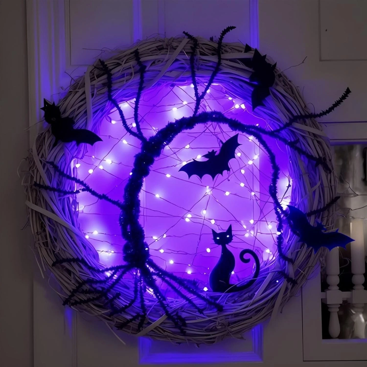Halloween Wreaths for Front Door, 15 Inch Halloween Lighted Wreath with Bat and