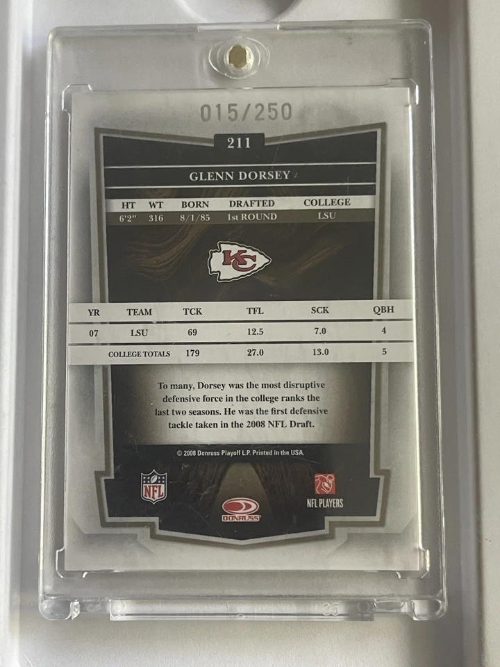 Donruss Classics Timeless Tributes 2008 15/250 Glenn Dorsey #211 Rookie Chiefs Foto 3 de 4