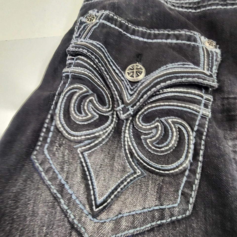 Affliction Black Premium Cooper Jeans Mens 36x30 Black Embroidered Back Pockets - Image 2 of 4