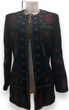 Linea Louis Dell'olio Wool Boucle Coat Size Xs Black With Colorful Embroidery