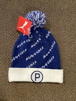 Puma Men's Golf Beanie Cap   Blue/White, Removable Pom, Knit Stocking Hat