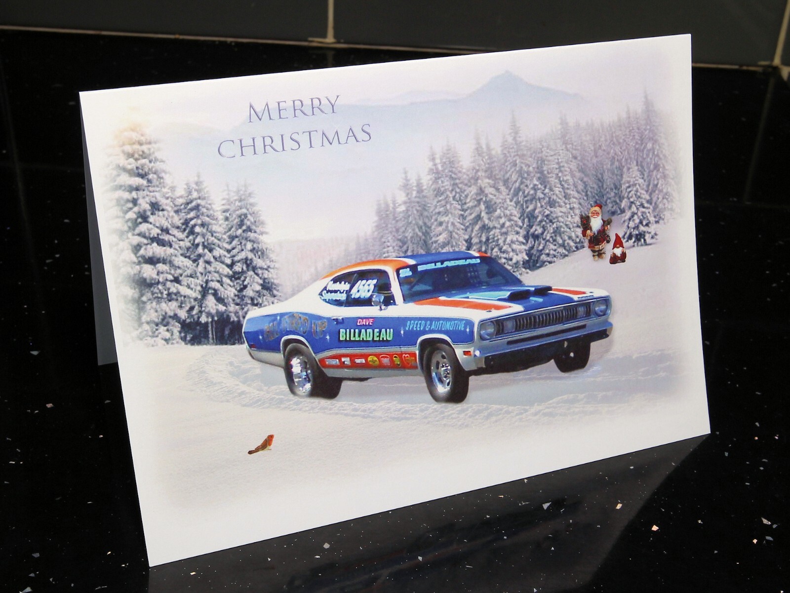Drag Racing Plymouth Duster Santa Pod Christmas Xmas Card Art Dave Billadeau