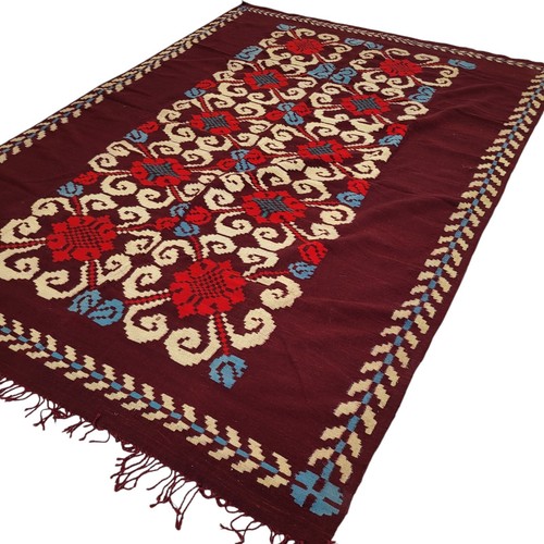 Handmade Moroccan Rug Maroon Floral Geometric Blue Red Beige Carpet Vintage - Picture 6 of 24