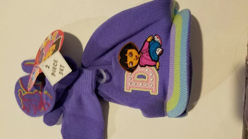 Conjunto de guantes gorro púrpura y rosa Nickelodeon Dora la Exploradora para niñas pequeñas Foto 2 de 4