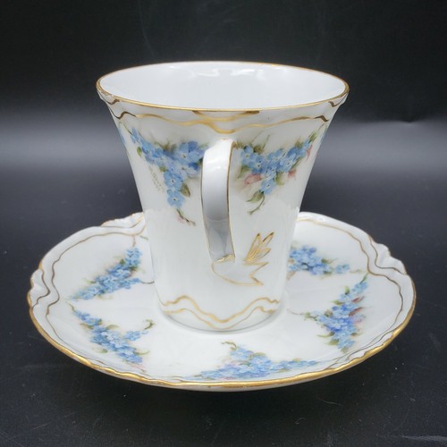 Antigua taza de té y platillo Haviland Francia pintado a mano azul floral dorado firmado - Imagen 3 de 8