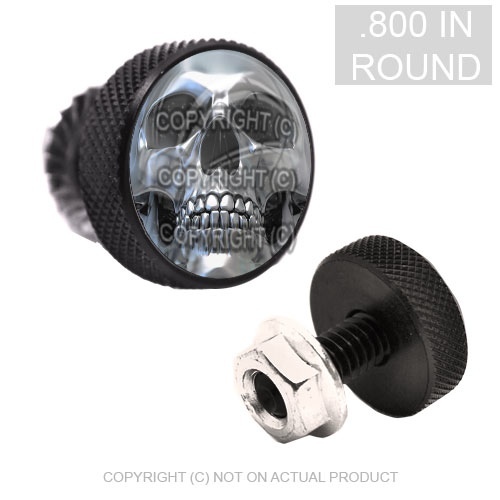 2 Vivid Black Billet Knurled License Plate Frame Tag Fastener Bolts SKULL FACE