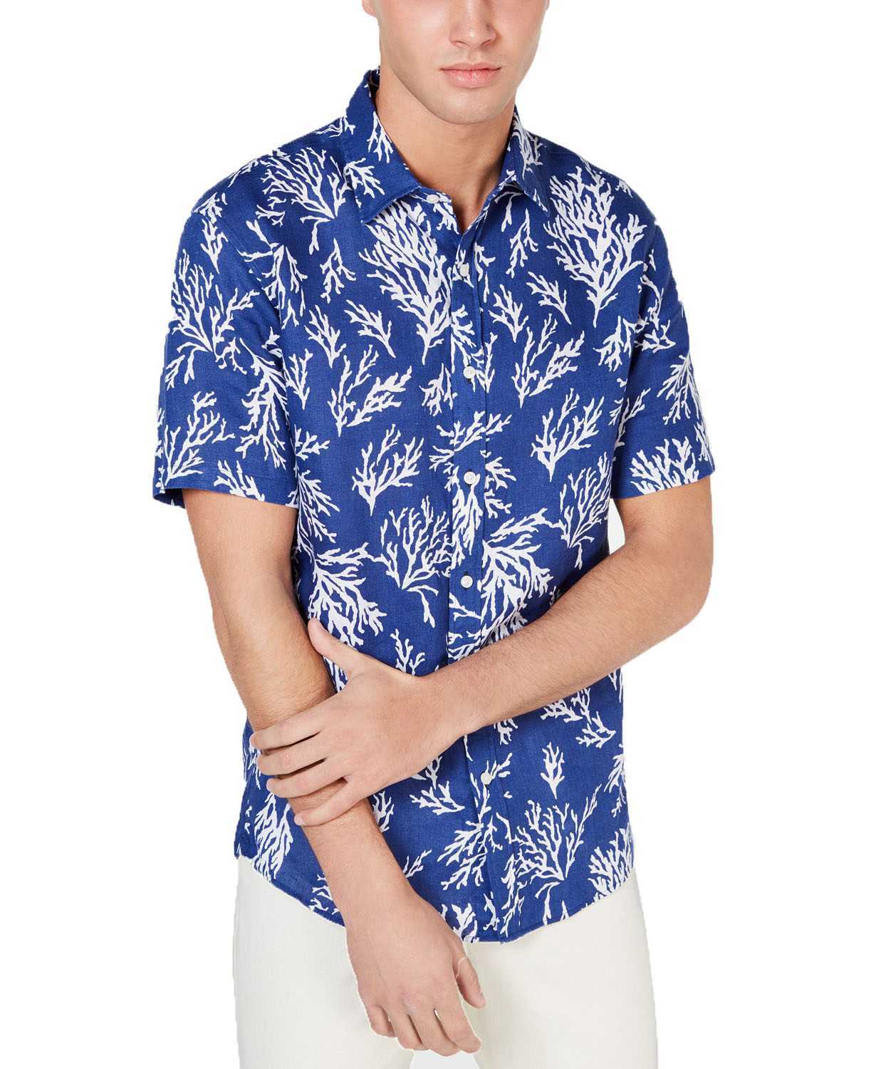 Michael Kors Mens Slim Fit Coral Print Linen Button Down Shirt 