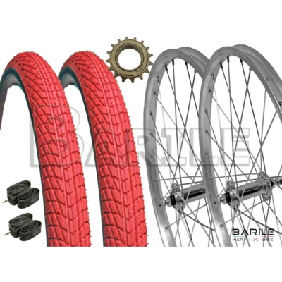 Coppia Ruote 20 x Pignone Copertoni Rosso Camere Bici