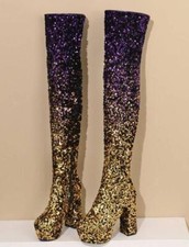 Sequin Color Gradient High Block Heel Platform Womens Over Knee Boots Shoes Hot