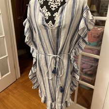 J. Crew White And Blue Stripes Linen Cotton Side-Ruffle Tunic Dress Size M