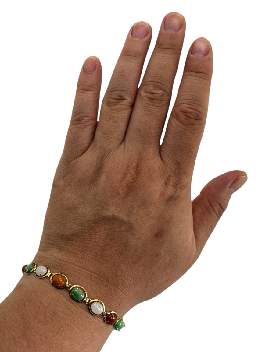 Solid 14K Yellow Gold Multi Colored Jade Cabochon… - image 8