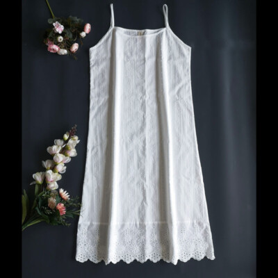 Women Underdress Petticoat Full Slip Cotton Lace Hollow Hem Striped Soft Comfort