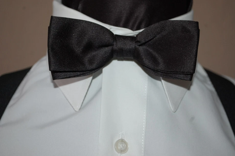 NEW Black Satin Vintage Tuxedo Pretied Skinny Tux Thin 1 1/2 " Bow Tie Retro USA - Image 4 of 4
