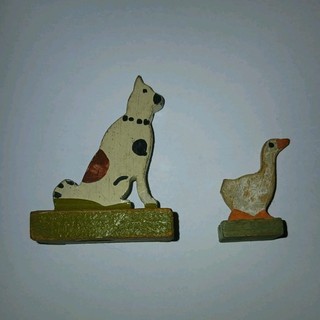 Jouets Anciens Figurines Animaux En Bois Peint X2 Chien Et Oie Marque Inconnue