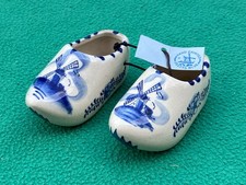 Small Pair Delfts Blue Hand Painted Clogs - Windmills Holland, L8cm, W4cm