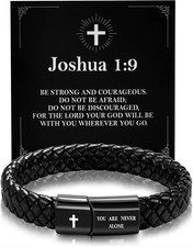 Black Braided Leather Bracelet for Men, Bible Verse Inspirational Christian Reli