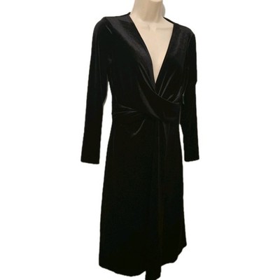 NWT Black Velvet Dress M Surplice Wrap Midi Long Sleeve Deep V Witchy Goth Dark 