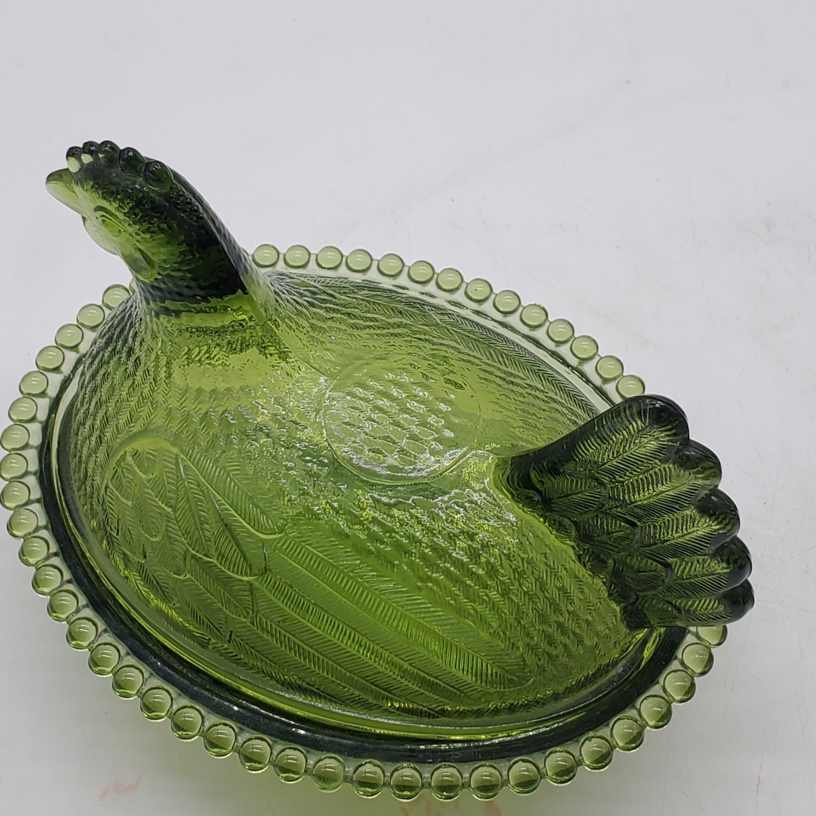 Vintage Indiana Glass Olive Green Hen On A Nest Dish And Cover Small Casserole 