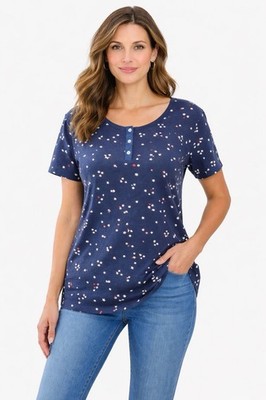 Croft & Barrow Womens Top PL Navy Star Print Scoop Neck Henle