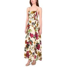 MSK Floral Maxi Dress Women Large Cream Ivory Square Neck Beaded Straps Boho