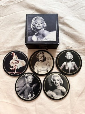Marilyn Monroe Vintage Holz Andenken Box & 5 Untersetzer Set Hollywood Memorabilia